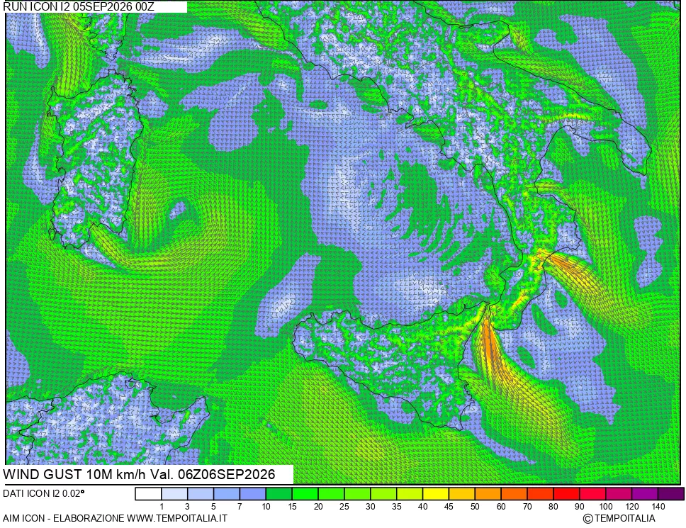 mappa 10 m Vento raffica massima