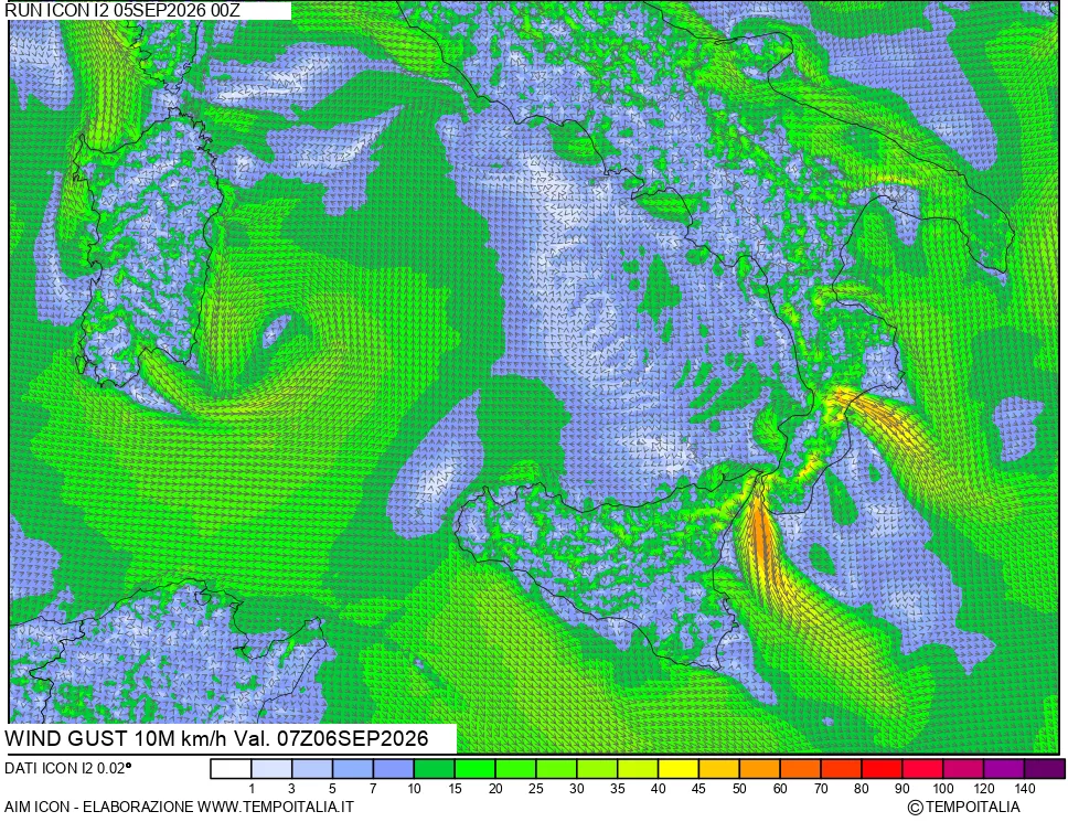 mappa 10 m Vento raffica massima