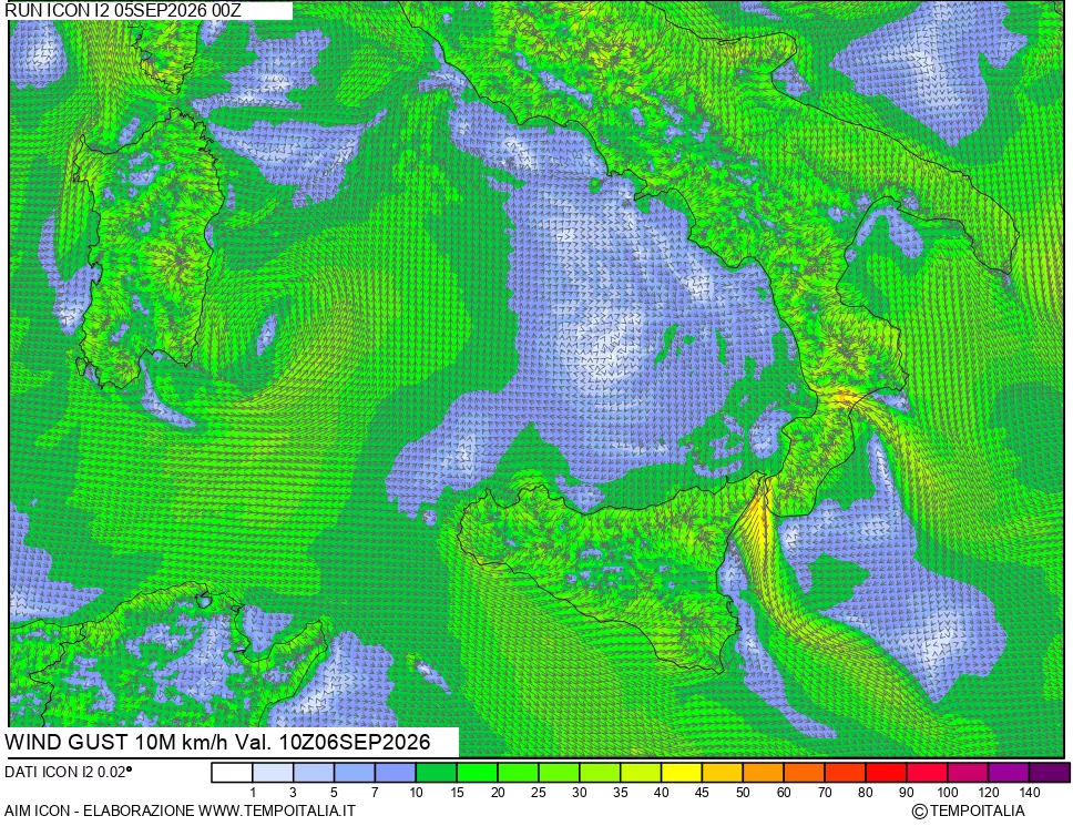 mappa 10 m Vento raffica massima
