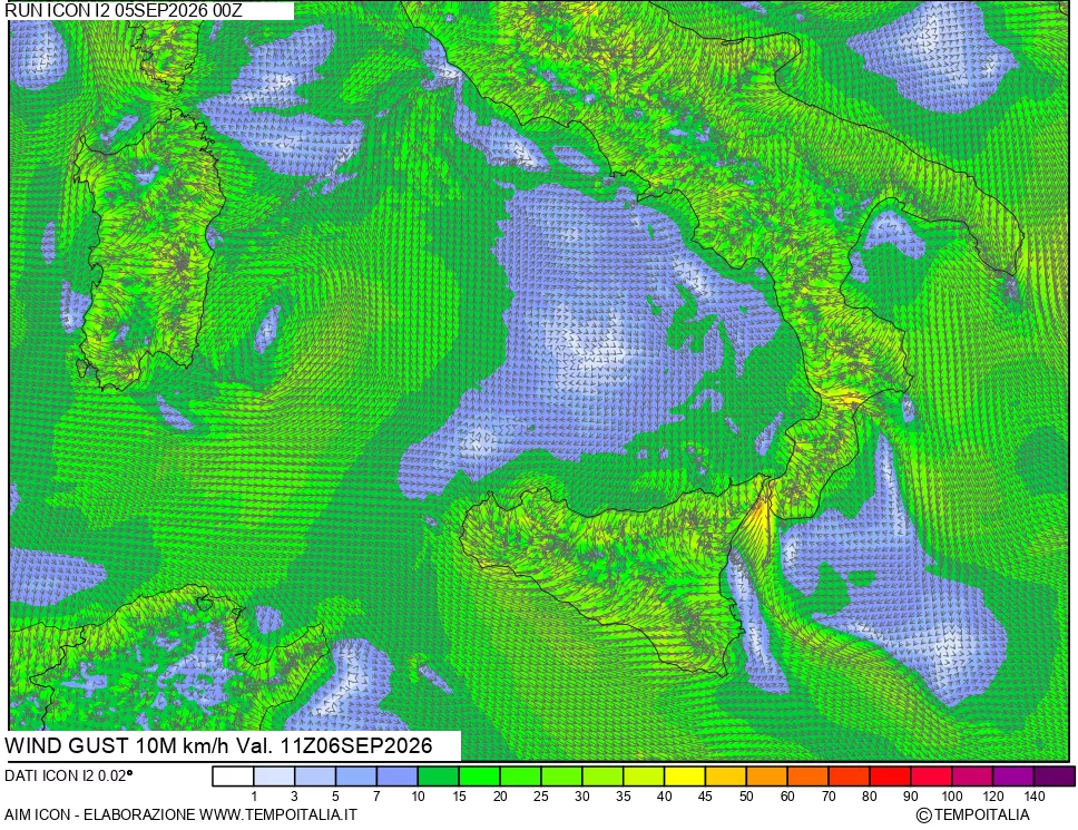 mappa 10 m Vento raffica massima