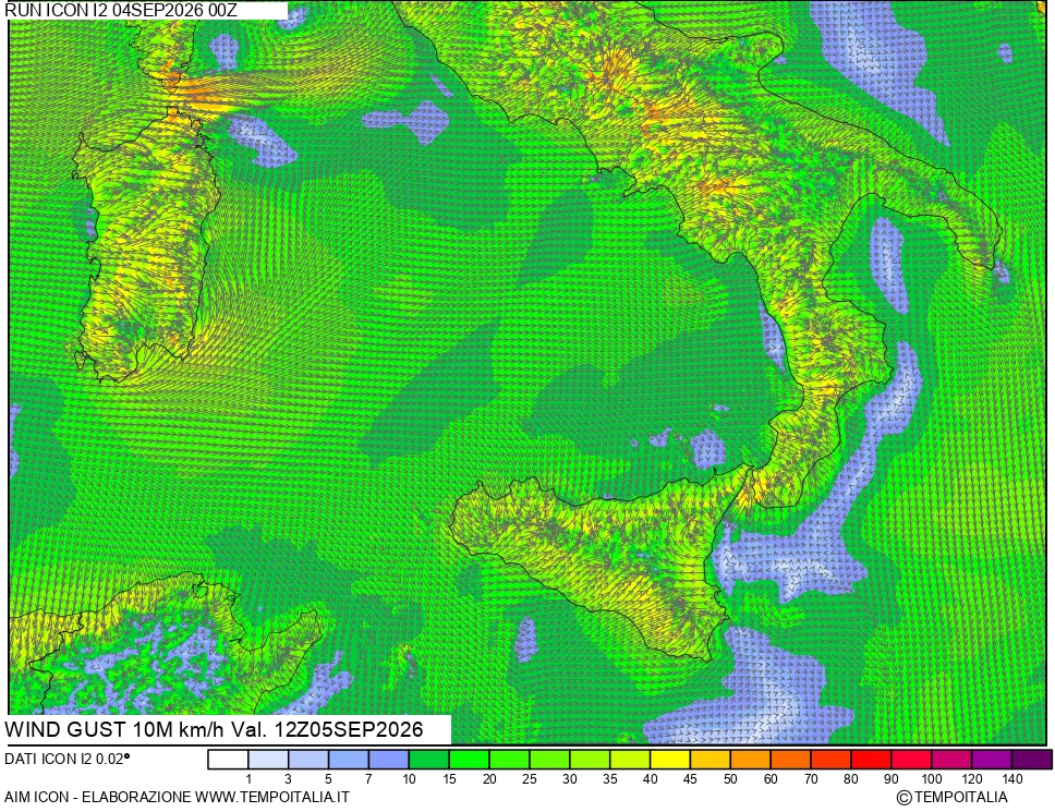 mappa 10 m Vento raffica massima