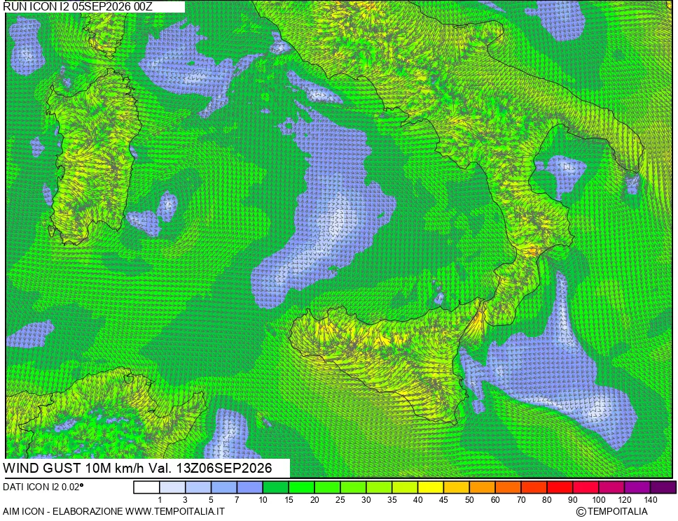 mappa 10 m Vento raffica massima