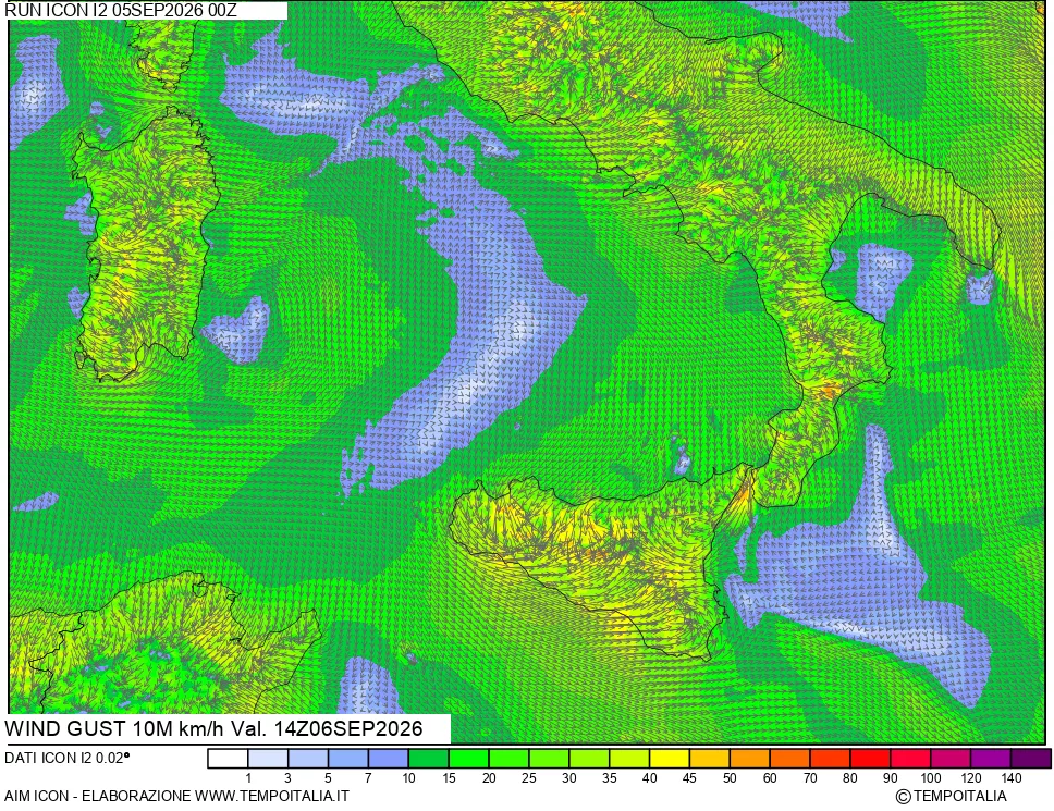 mappa 10 m Vento raffica massima