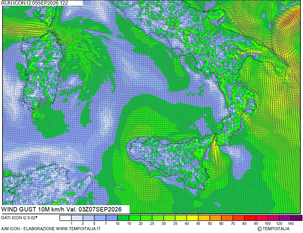 mappa 10 m Vento raffica massima