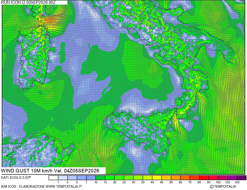 mappa 10 m Vento raffica massima