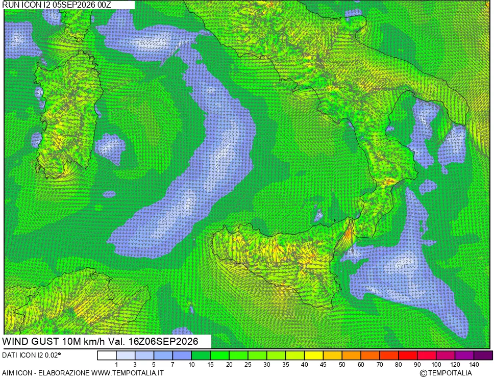 mappa 10 m Vento raffica massima