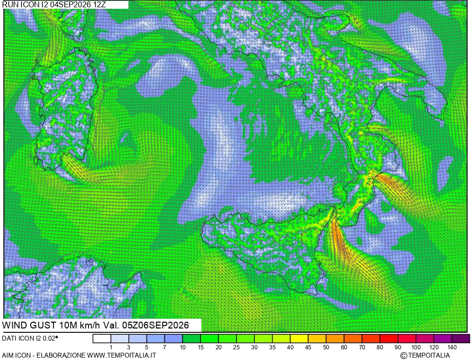 mappa 10 m Vento raffica massima
