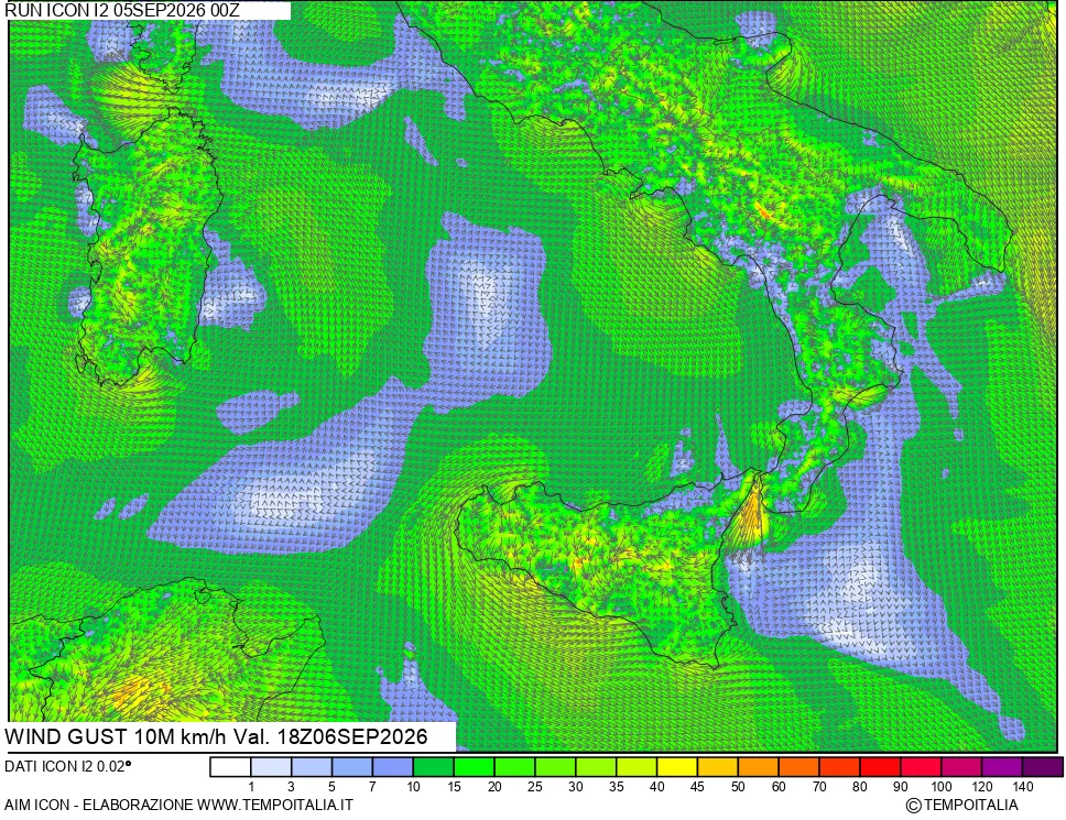 mappa 10 m Vento raffica massima