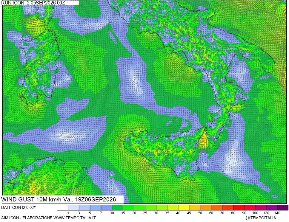 mappa 10 m Vento raffica massima