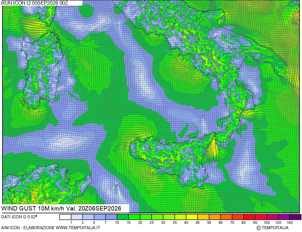 mappa 10 m Vento raffica massima