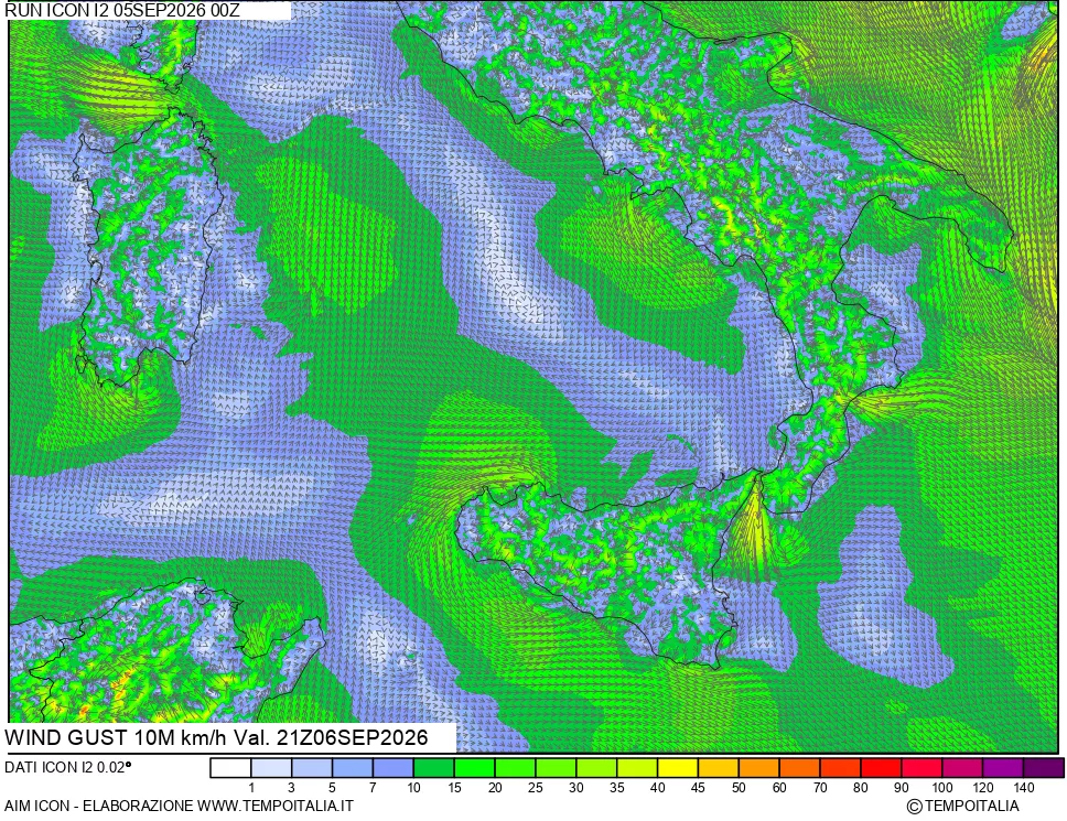 mappa 10 m Vento raffica massima