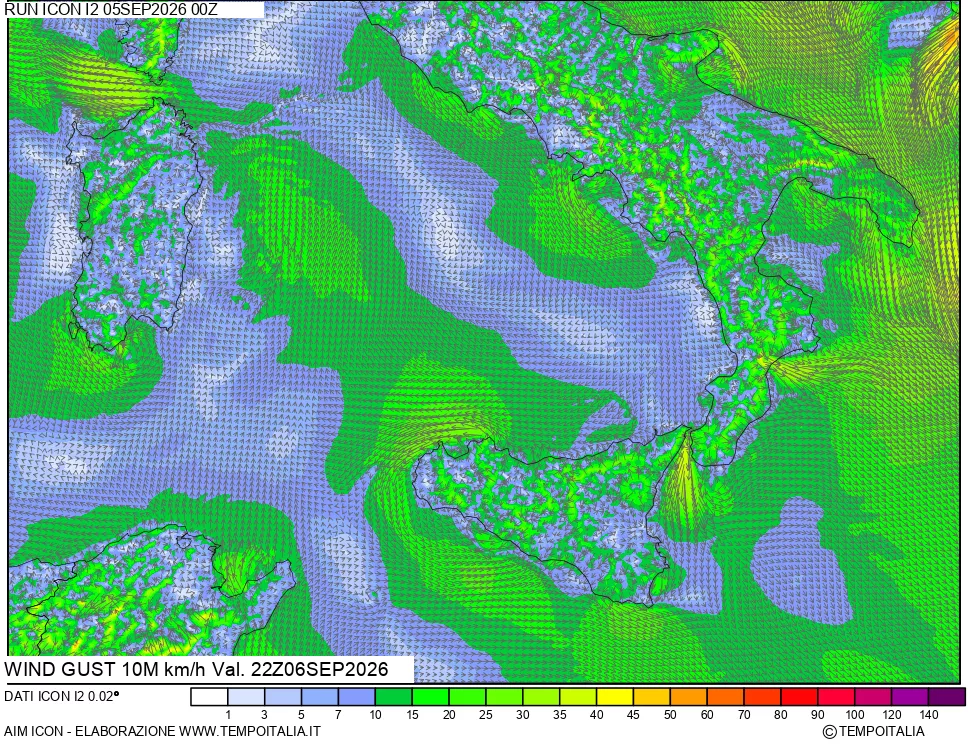 mappa 10 m Vento raffica massima