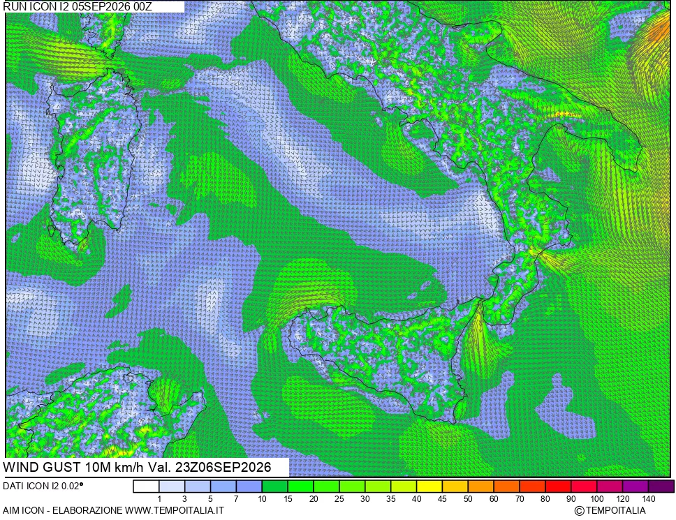 mappa 10 m Vento raffica massima