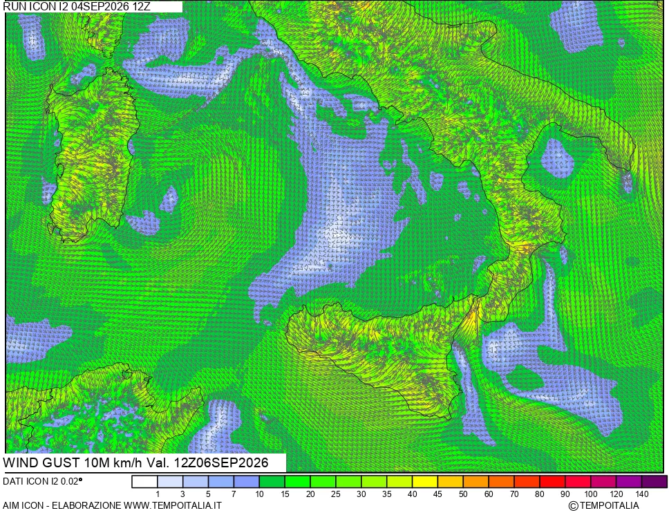 mappa 10 m Vento raffica massima