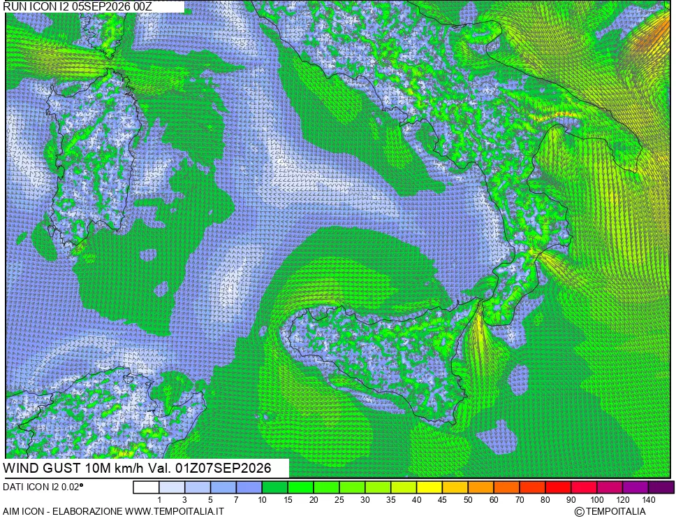 mappa 10 m Vento raffica massima