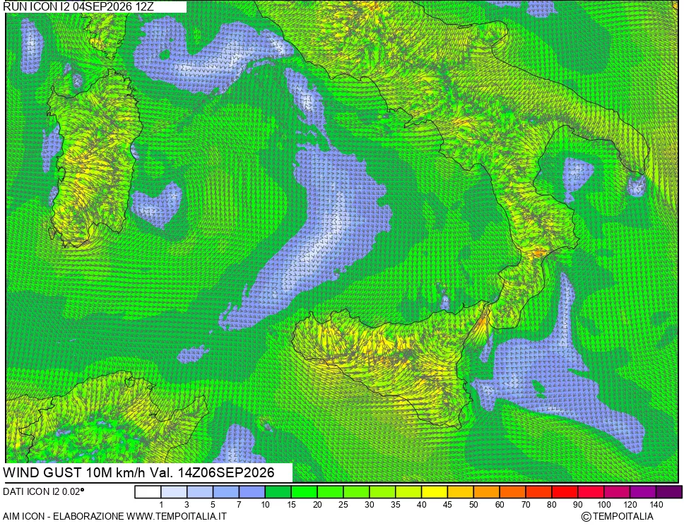 mappa 10 m Vento raffica massima