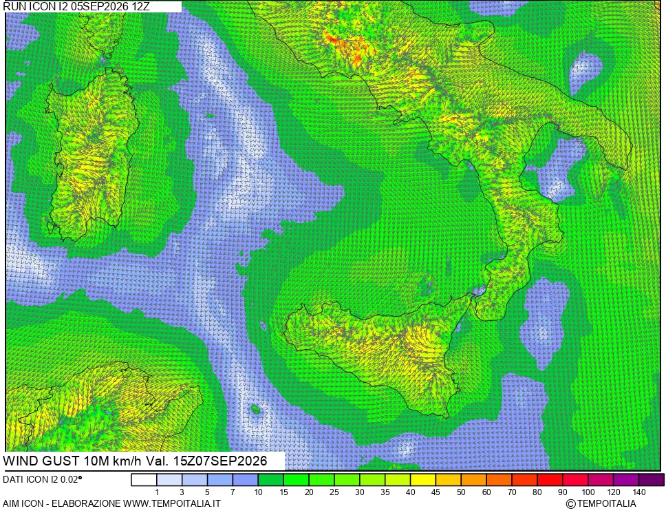 mappa 10 m Vento raffica massima