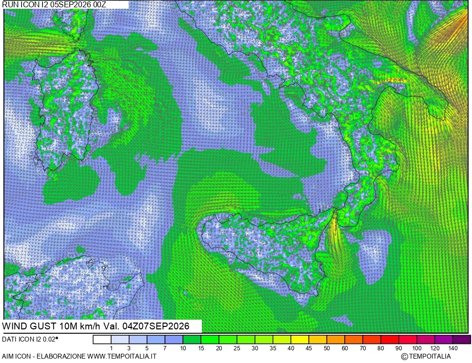 mappa 10 m Vento raffica massima