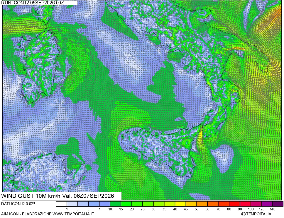 mappa 10 m Vento raffica massima