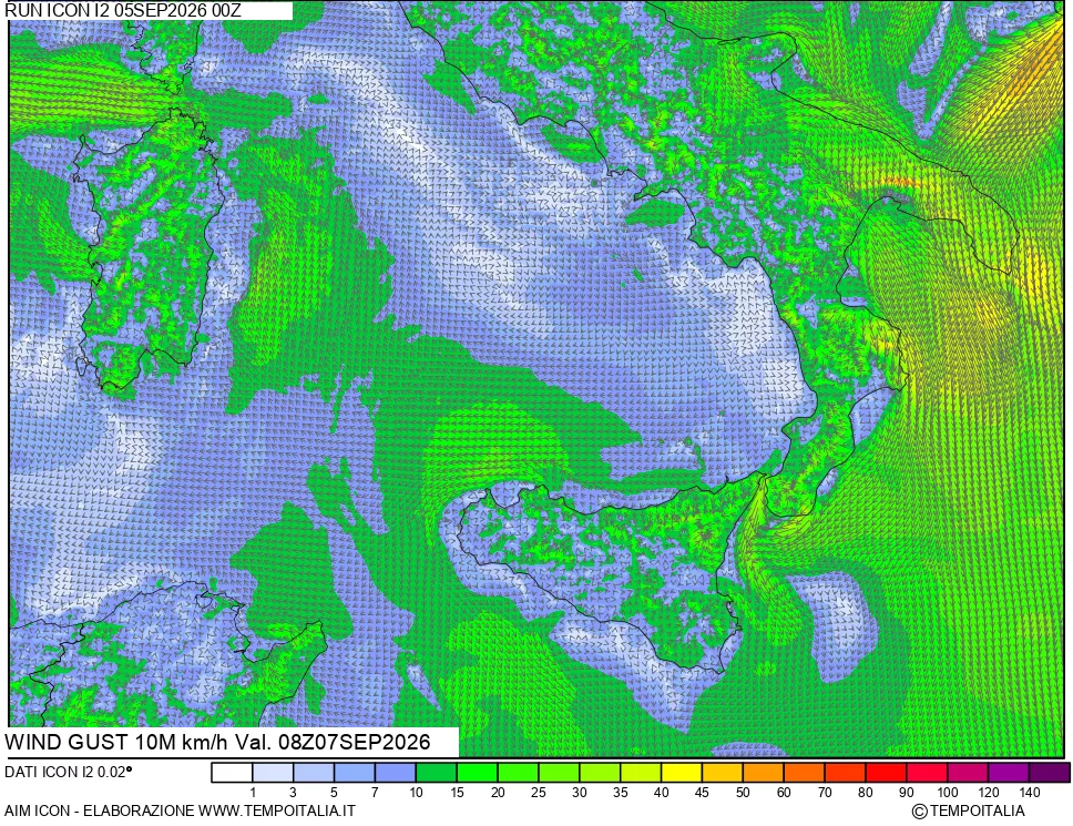 mappa 10 m Vento raffica massima