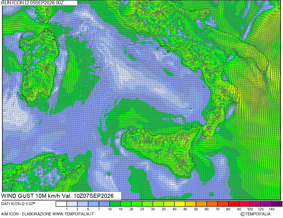 mappa 10 m Vento raffica massima