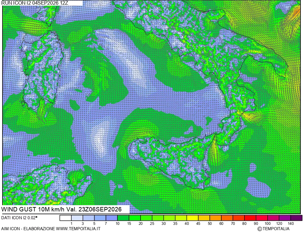 mappa 10 m Vento raffica massima