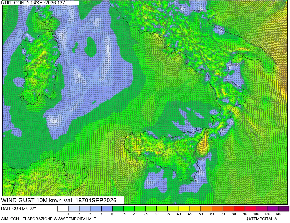 mappa 10 m Vento raffica massima