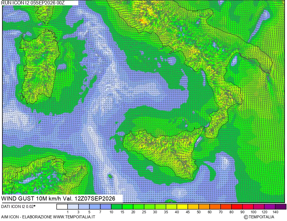mappa 10 m Vento raffica massima