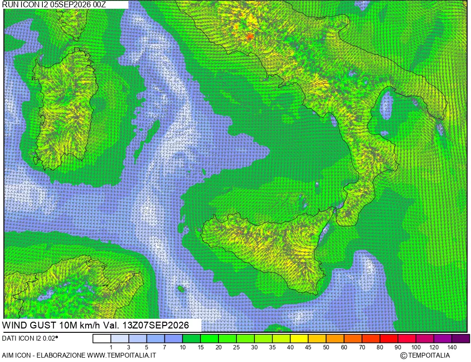 mappa 10 m Vento raffica massima