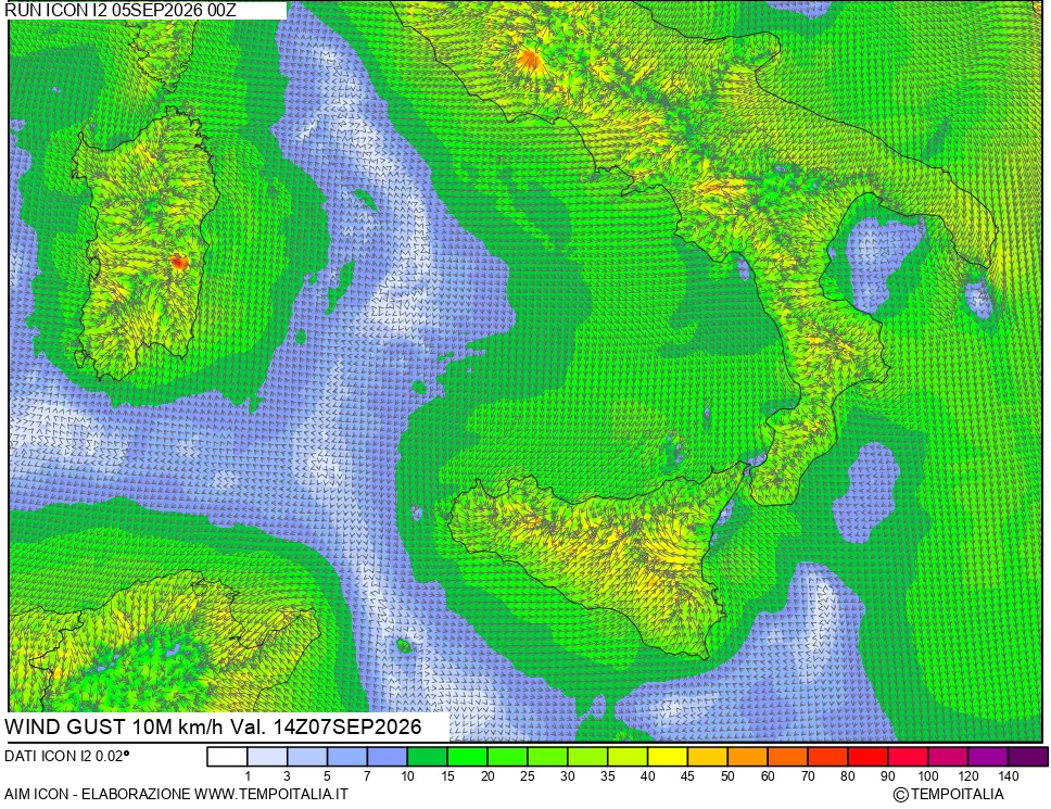 mappa 10 m Vento raffica massima