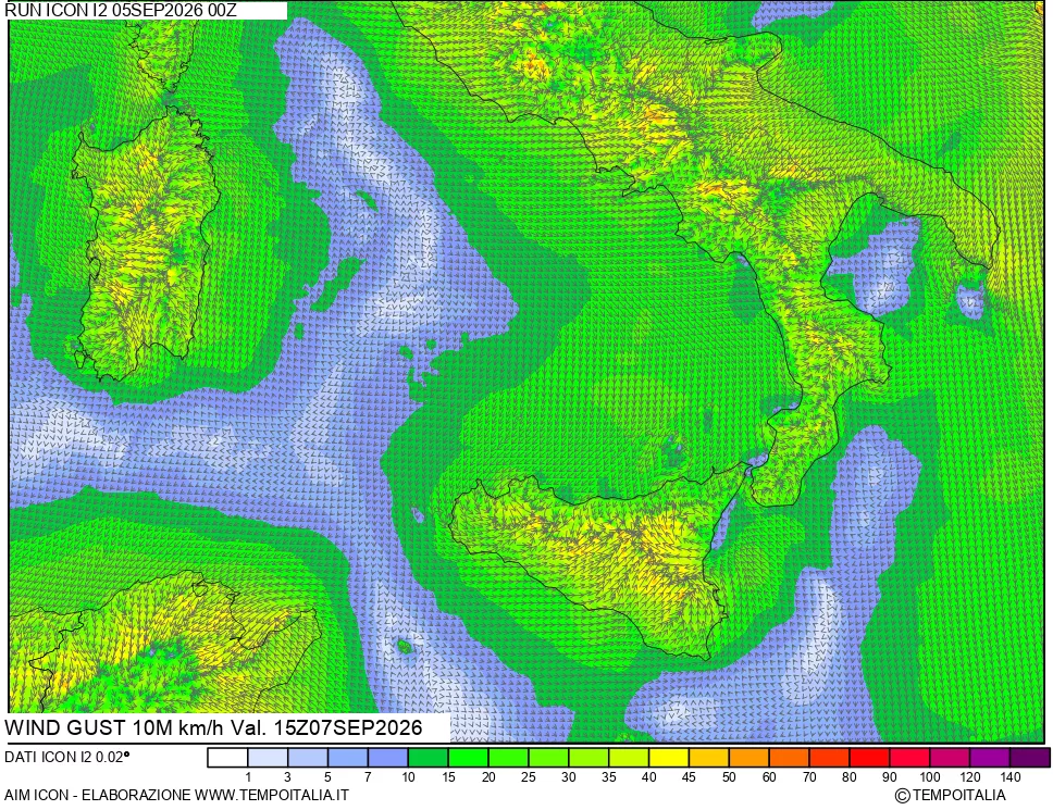 mappa 10 m Vento raffica massima