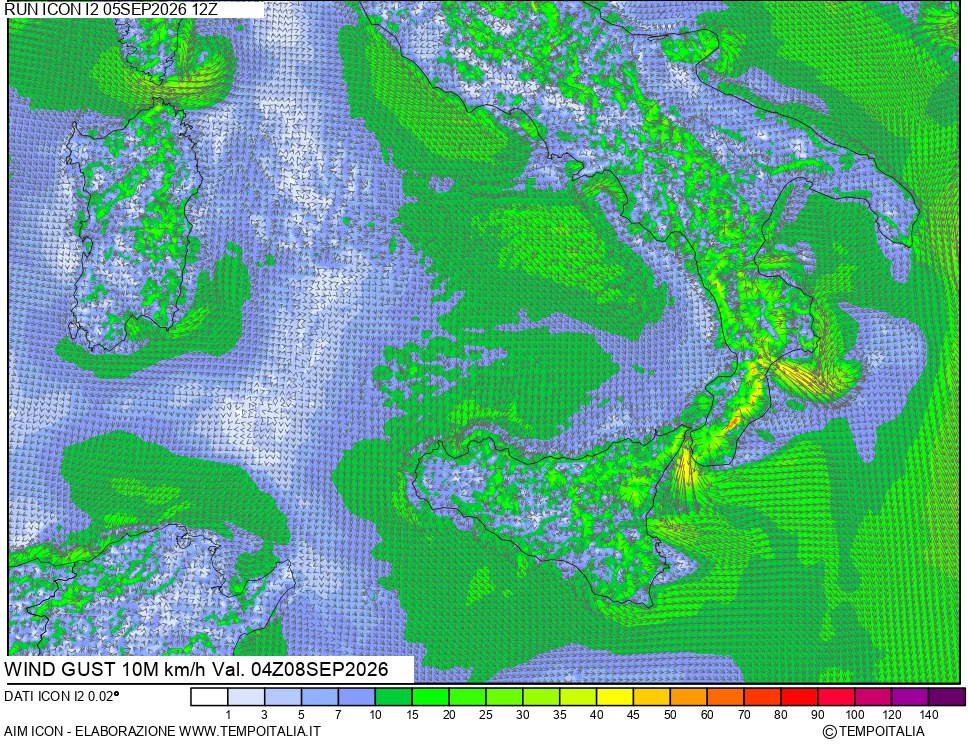mappa 10 m Vento raffica massima