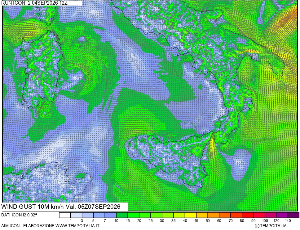 mappa 10 m Vento raffica massima