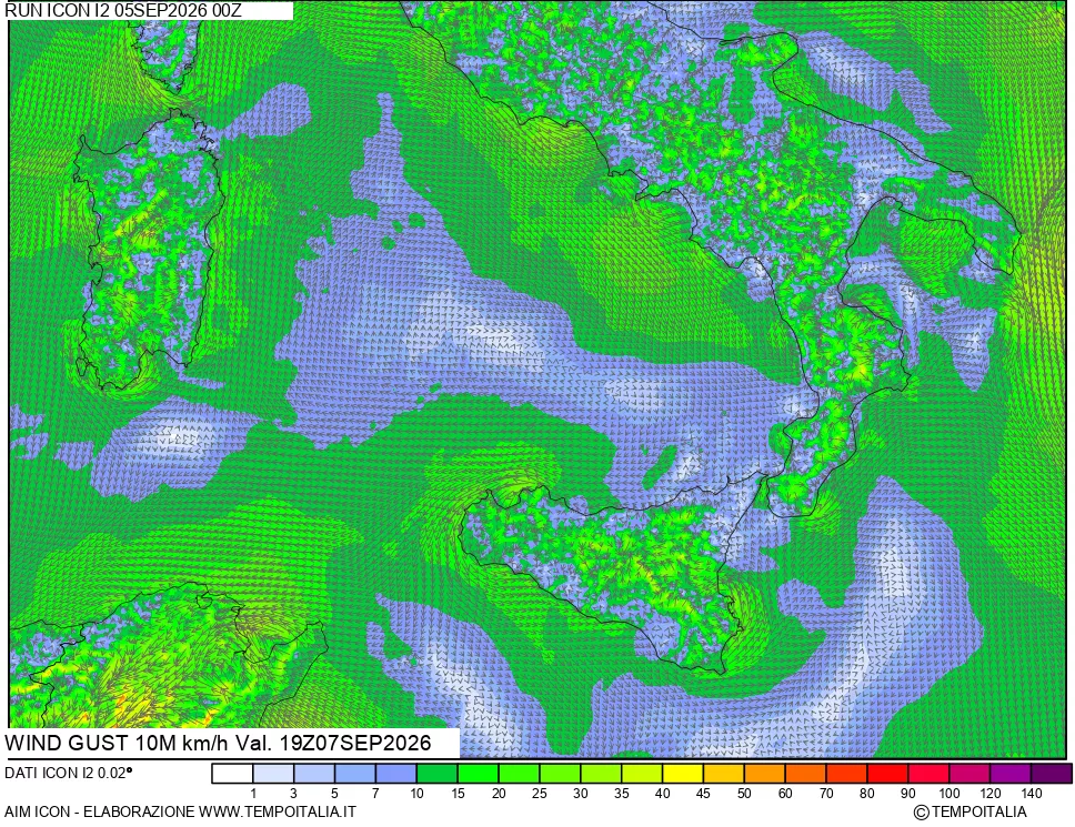 mappa 10 m Vento raffica massima