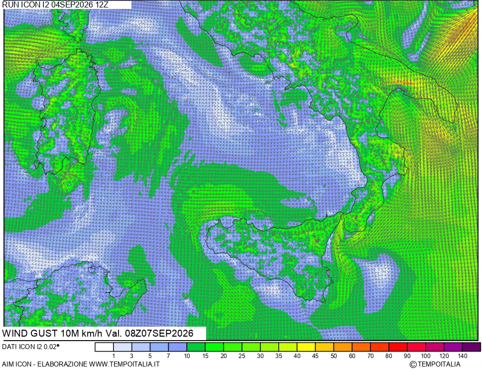 mappa 10 m Vento raffica massima