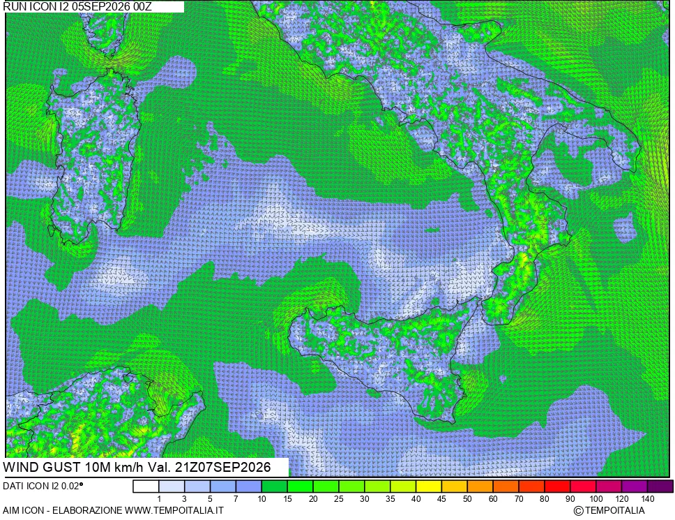 mappa 10 m Vento raffica massima