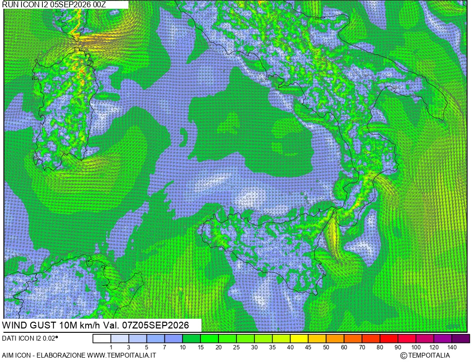 mappa 10 m Vento raffica massima