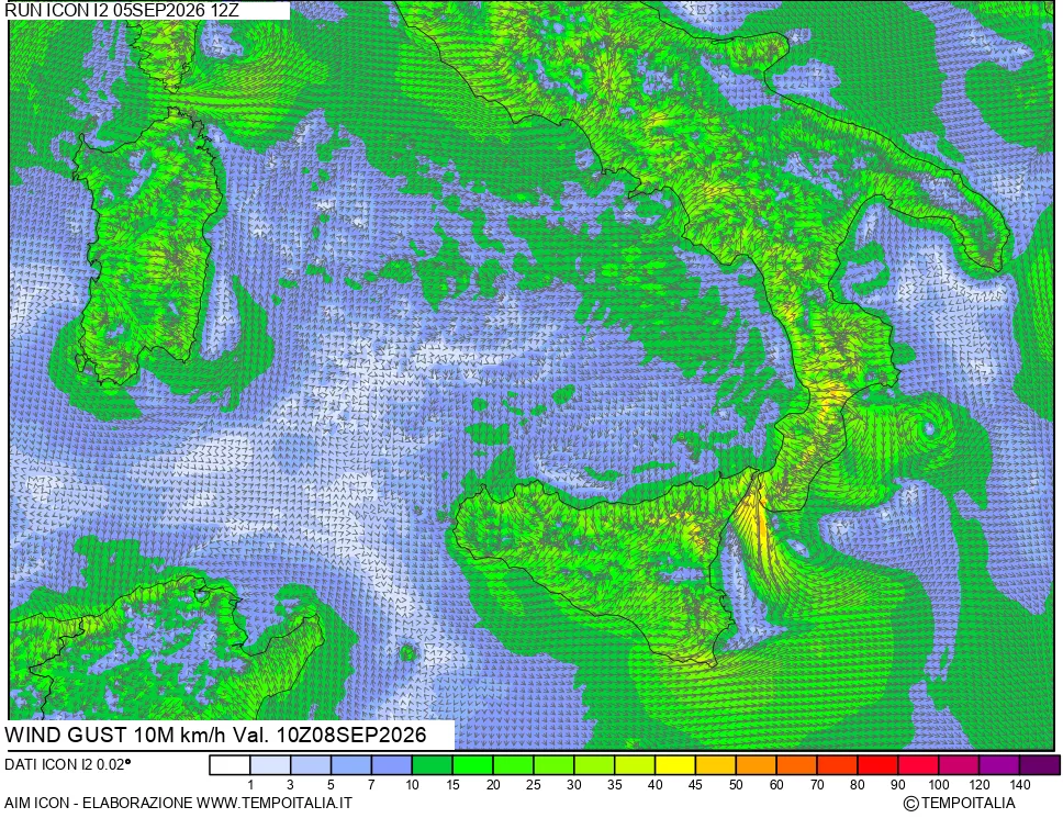 mappa 10 m Vento raffica massima