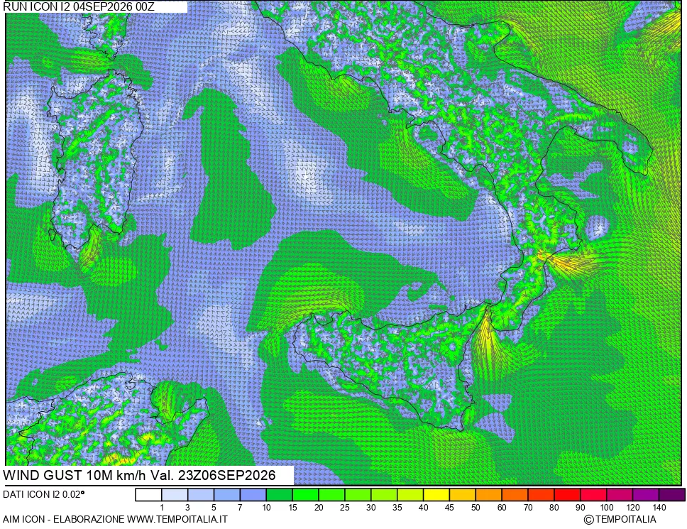 mappa 10 m Vento raffica massima