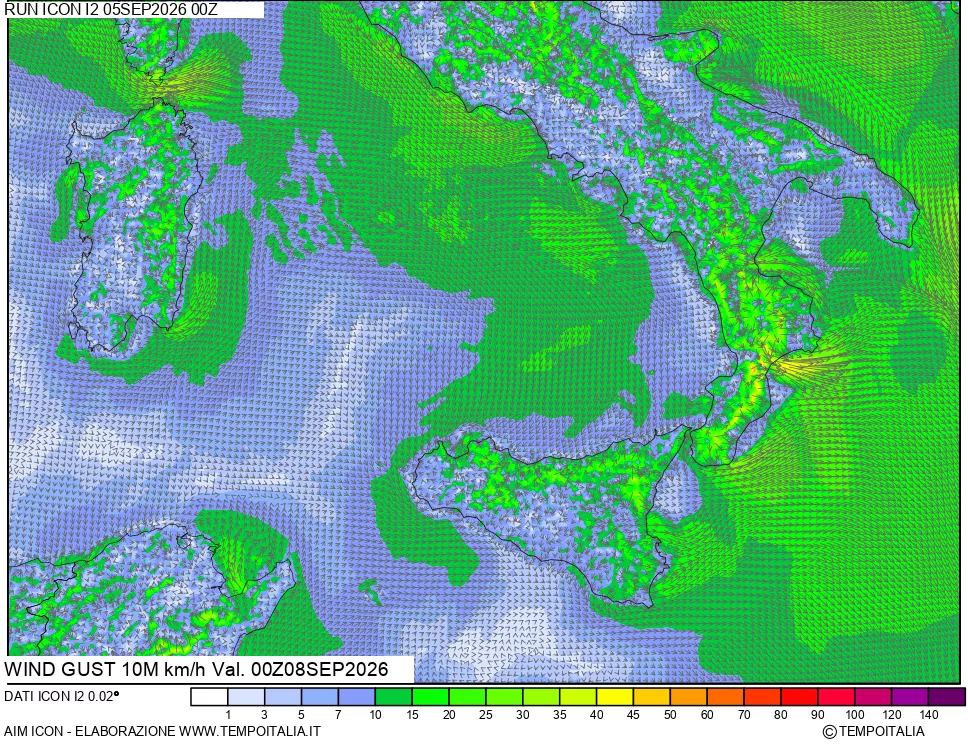mappa 10 m Vento raffica massima