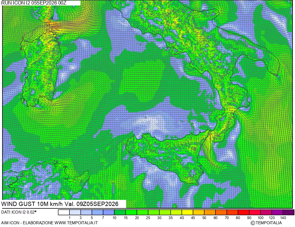 mappa 10 m Vento raffica massima