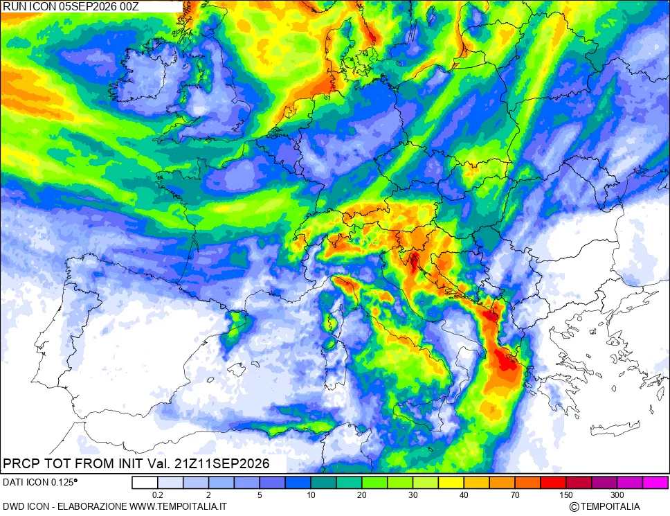 mappa Precipitazioni totali dal primo giorno