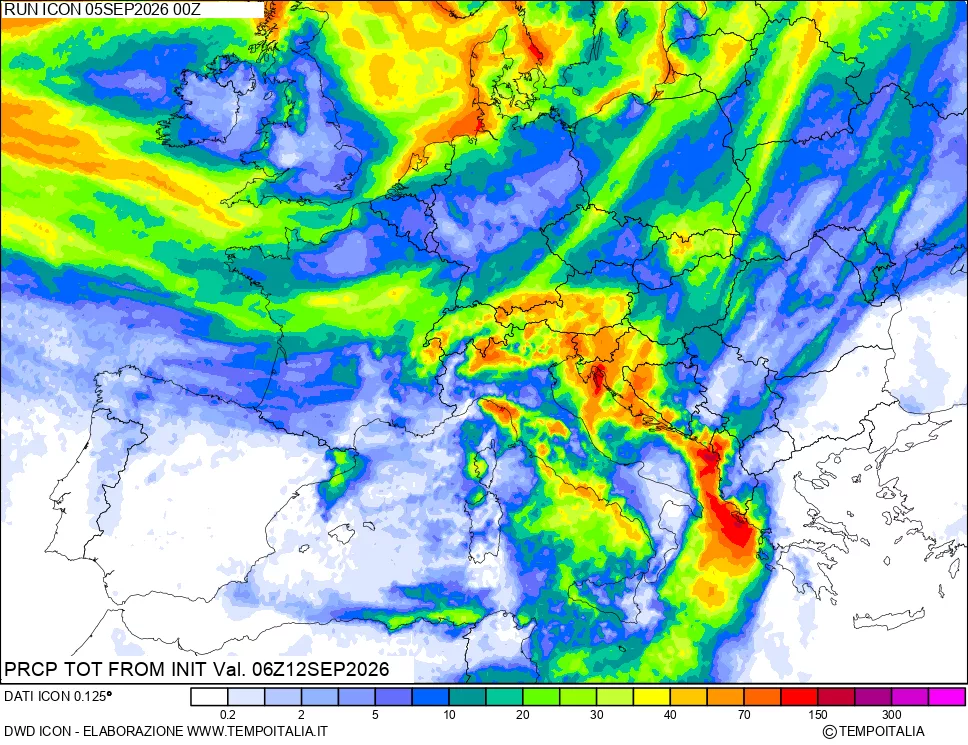 mappa Precipitazioni totali dal primo giorno