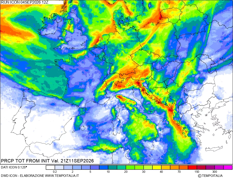 mappa Precipitazioni totali dal primo giorno