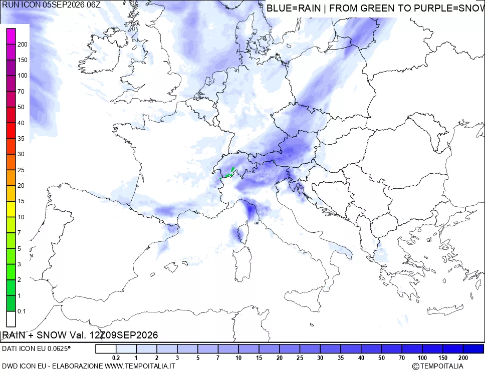 mappa Precipitazioni totali e nevose 24 ore precedenti