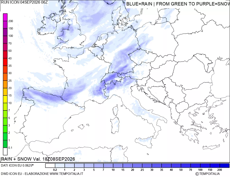 mappa Precipitazioni totali e nevose 24 ore precedenti