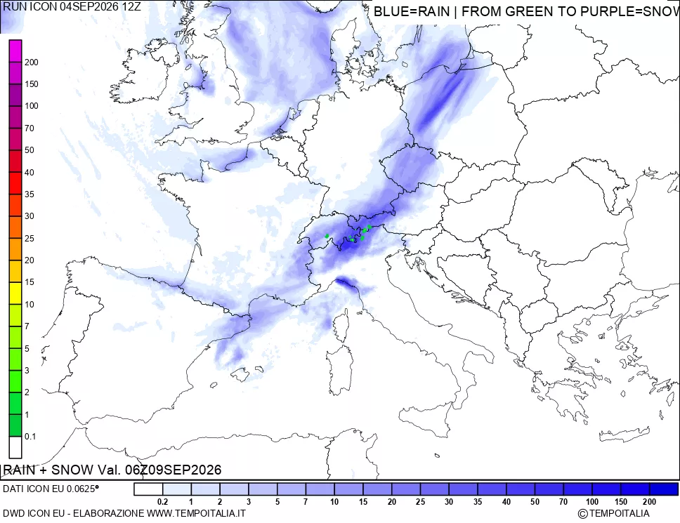mappa Precipitazioni totali e nevose 24 ore precedenti