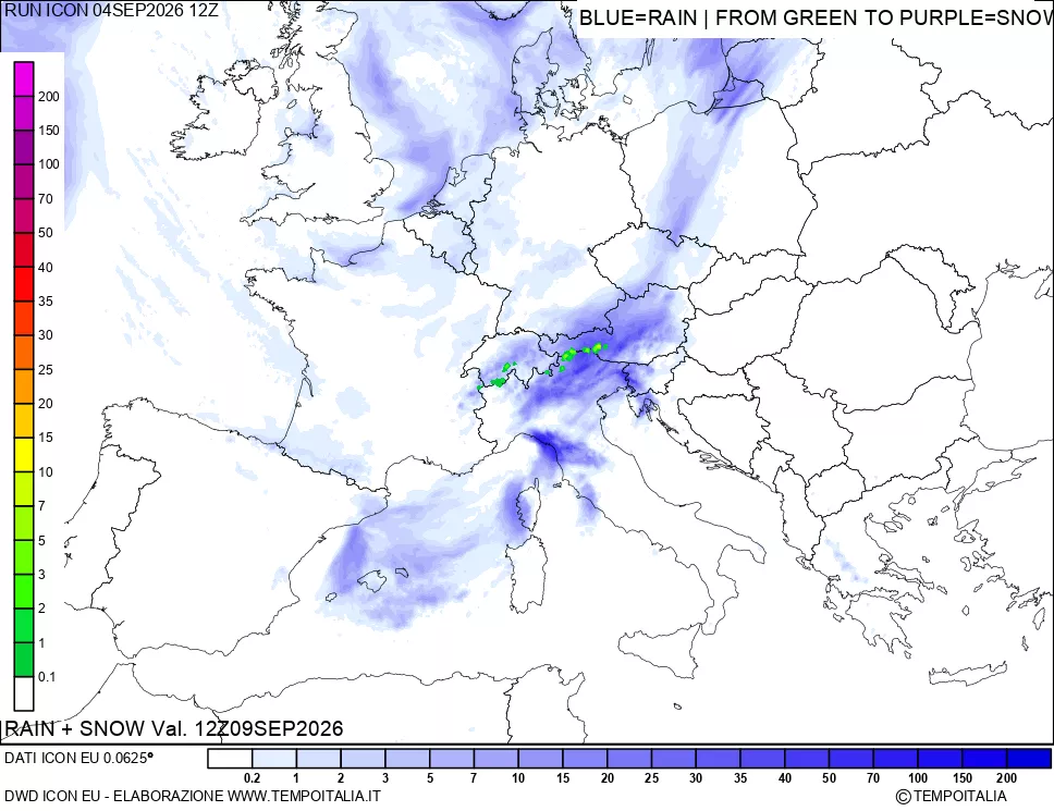 mappa Precipitazioni totali e nevose 24 ore precedenti