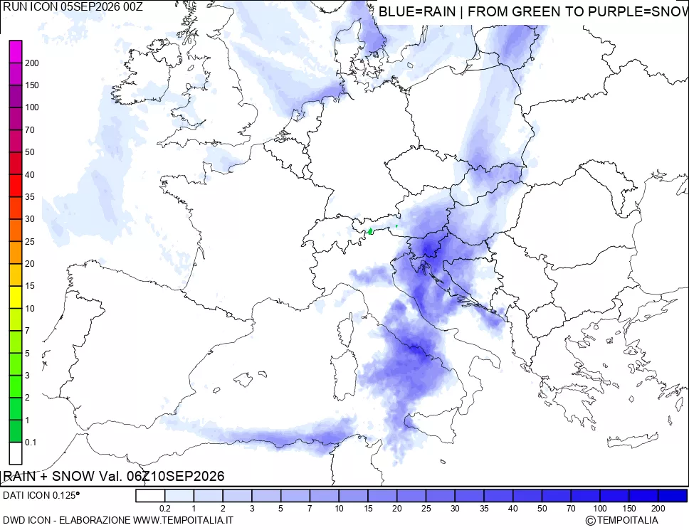 mappa Precipitazioni totali e nevose 24 ore precedenti