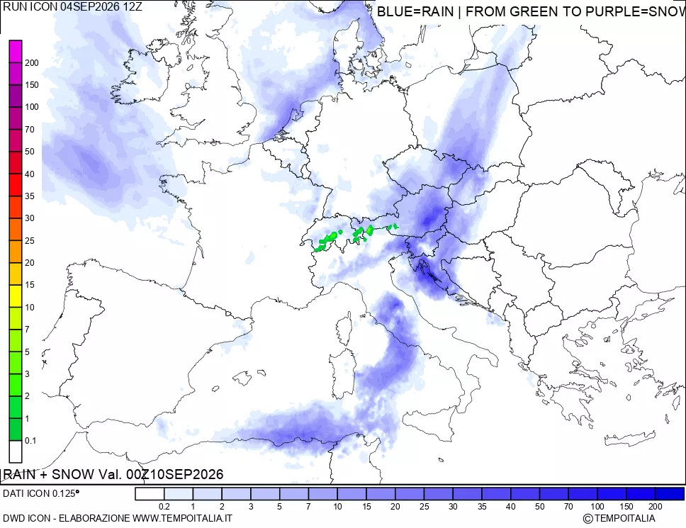 mappa Precipitazioni totali e nevose 24 ore precedenti